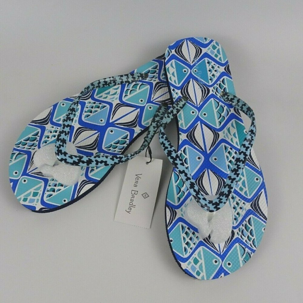 NWT Vera Bradley Flip-Flops Sandals Go Fish Blue L